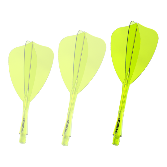 Abgebildet ist erneut das Winmau Fusion Flight Shaft System in Neon-Gelb, 34mm lang. Dieses Produkt wird für das Zusammensetzen von Dartpfeilen verwendet.