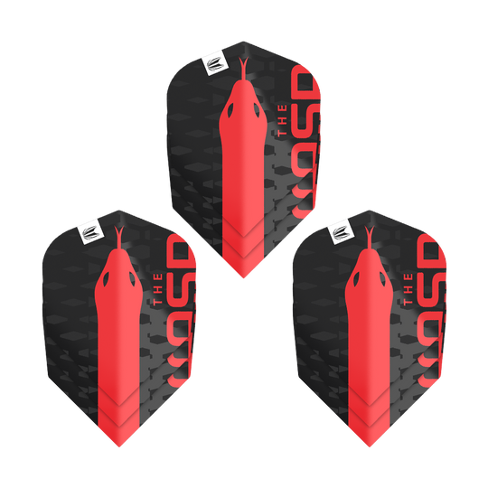 Target Pro Ultra Nathan Aspinall No6 Flights - 3 Sets Das Bild zeigt drei Sets der Target Pro Ultra Nathan Aspinall No6 Flights. Die Flights sind schwarz mit einem roten Schlangenmuster und dem Schriftzug "THE ASP".