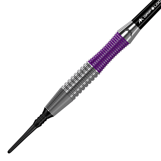 Mission Phantom Brass Soft Darts - 18g Das Bild zeigt den Mission Phantom Brass Softdart mit einem Gewicht von 18 Gramm. Der Dart hat ein silbernes Griffstück mit lila Akzenten und einer schwarzen Spitze.