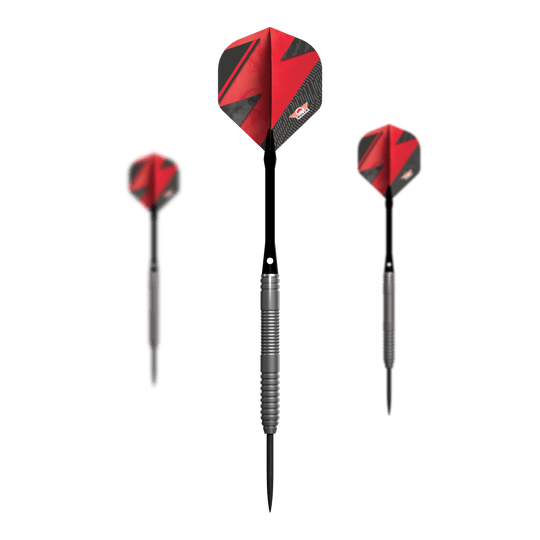 Bulls NL Lightning Red steel darts Das Bild zeigt drei Steeldarts mit silbernen Griffen und roten Flights. Es handelt sich um das Produkt "Bulls NL Lightning Red Steeldarts".