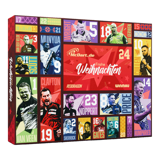 McDart Steel Darts Advent Calendar 2026 Der McDart Steel-Darts Adventskalender 2026 ist abgebildet. Er enthält verschiedene Überraschungen für Dart-Fans.