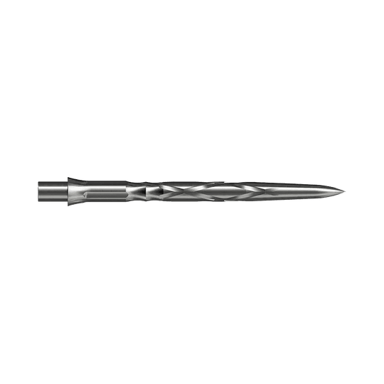 Dies ist eine silberne Steeldartspitze mit einem gedrehten Design. Sie ist lang und schlank, ideal für präzises Werfen.