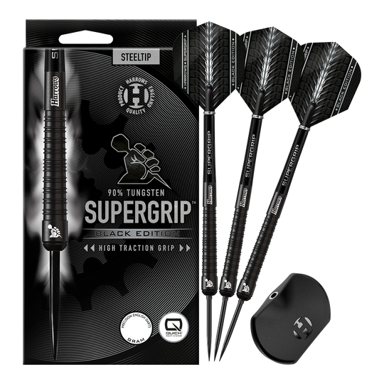 Harrows Supergrip 90 Black Edition Quick Point Steel Darts Harrows Supergrip 90 Black Edition Quick Point Steeldarts zeigen ein edles schwarzes Aussehen. Sie sind perfekt für ambitionierte Dartspieler geeignet.