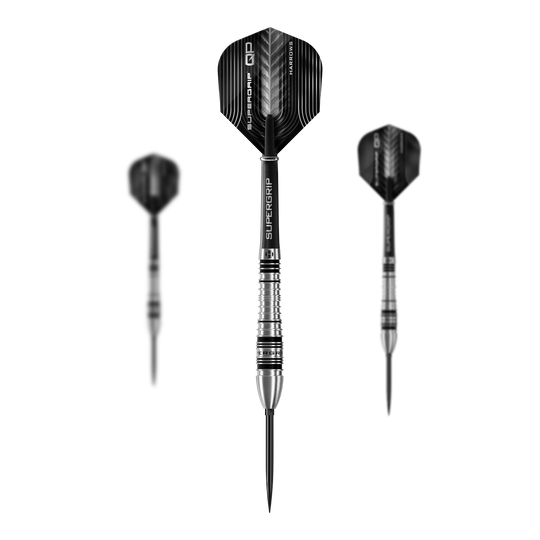 Dieses Bild präsentiert das Set der Harrows Supergrip Bomb Quick Point Steeldarts. Das Set enthält mehrere hochwertige Darts für das Spiel.