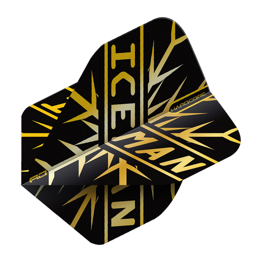 TF6844_Red_Dragon_Hardcore_Gerwyn_Price_Gold_Snowflake_Standard_Flights_2ayv7XRL8q6go3 Das Bild zeigt einen schwarzen Dart Flight mit goldfarbenem Schneeflockenmuster und dem Schriftzug "ICEMAN". Es handelt sich um das Produkt "Red Dragon Hardcore Gerwyn Price Gold Snowflake Standard Flights".