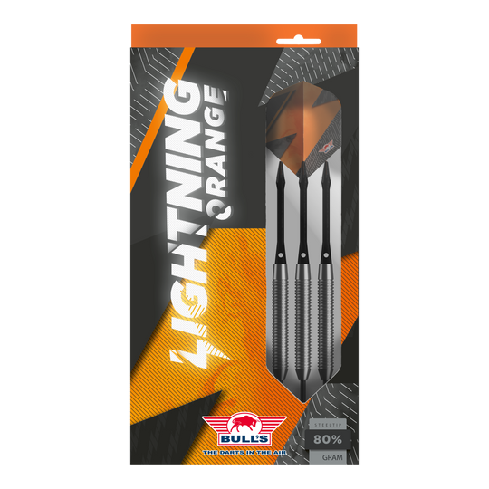 Bulls NL Lightning Orange Steel Darts Das Bild zeigt die Verpackung der "Bulls NL Lightning Orange Steeldarts". In der Packung befinden sich drei Steeldarts mit orange-schwarzem Design.