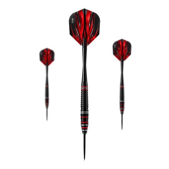 Harrows Fire High Grade Alloy steel darts Auf dem Bild sind die Harrows Fire High Grade Alloy Steeldarts zu sehen. Die Darts haben ein schwarzes Design mit roten Flammen auf den Flights.