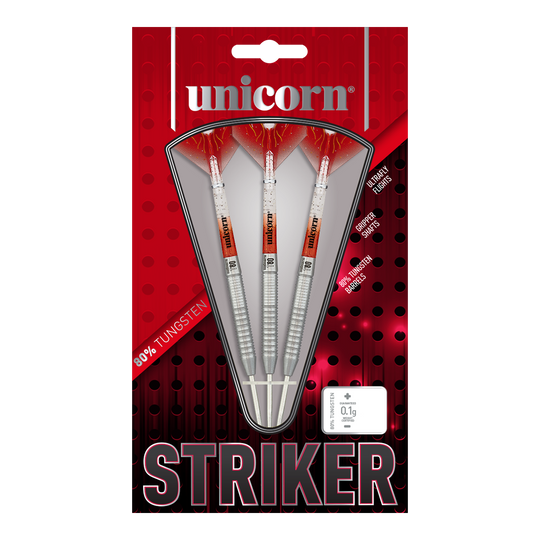 Unicorn Core XL Striker Style 5 steel darts Das Bild zeigt die Verpackung der "Unicorn Core XL Striker Style 5 Steeldarts". In der Packung befinden sich drei Steeldarts mit silbernen Schäften und roten Flights.