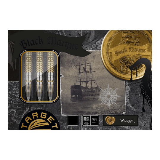 Target Black Marque Warrior Swiss Point Steel Darts Das Bild zeigt die Verpackung der "Target Black Marque Warrior Swiss Point Steeldarts". Auf der Verpackung sind außerdem ein altes Segelschiff, eine goldene Münze und drei Darts abgebildet.