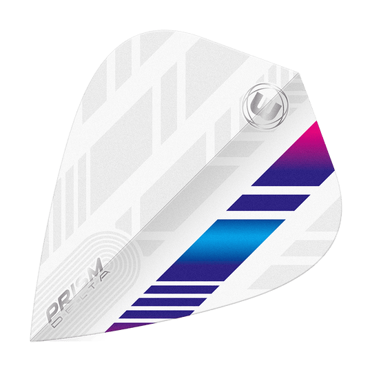 Winmau Delta White Blue Purple Kite Flights Das Bild zeigt ein weißes Dart-Flight mit blauen und violetten Akzenten. Das Design ist modern mit geometrischen Mustern und trägt die Aufschrift „PRISM DELTA“.
