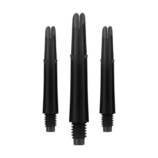 L-L-Style-Shafts Locked Straight - Black Auf dem Bild sind drei schwarze Dartschäfte in unterschiedlichen Längen zu sehen. Sie sind gerade geformt und haben ein Gewinde am unteren Ende.