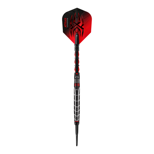 Harrows Atrax Softdarts Dies ist ein Softdartpfeil mit einem modernen, schwarzen und roten Design. Auf der Flights befindet sich ein auffälliges Spinnennetz-Muster.