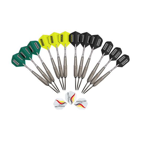 MCST-5_McDart_12er_Steeldarts_1 McDart 12er Steeldarts. Auf dem Bild sind zwölf Steeldarts als Set dargestellt.