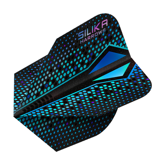 Harrows Silika Colorshift Tough Crystalline Coating Blue-X No6 Flights Das Bild zeigt einen Harrows Silika Colourshift Tough Crystalline Coating Blue-X No6 Flight. Das Dart-Flight hat ein schwarzes Design mit blauen und türkisfarbenen Punkten und geometrischen Mustern.