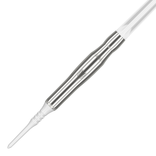 Target Japan Crux Brave Soft Darts - 18.5g Das Bild zeigt den Target Japan Crux Brave Softdart mit einem Gewicht von 18,5g. Der Dartpfeil hat ein elegantes, silbernes Design mit einer weißen Spitze.