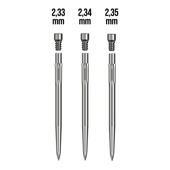 Caliburn Starter Kit Das Bild zeigt drei metallische Stifte mit unterschiedlichen Durchmessern: 2,33 mm, 2,34 mm und 2,35 mm. Sie gehören zum Produkt "Caliburn Starter-Kit."