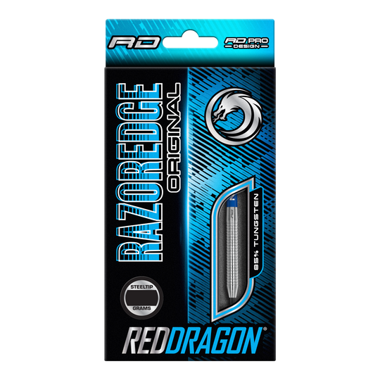 Red Dragon Razor Edge Original Steel Darts Die Verpackung zeigt die "Red Dragon Razor Edge Original Steeldarts" mit einem Gewicht von 24 Gramm. Das Design ist blau-schwarz und hebt hervor, dass die Darts aus 95 % Tungsten bestehen.