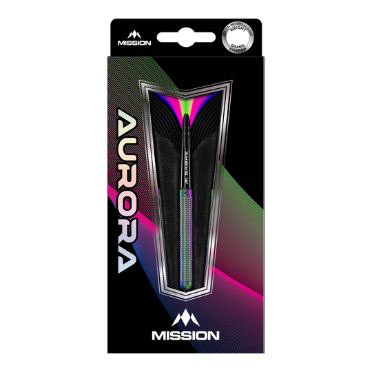 Mission Aurora Coral PVD steel darts - 23g Die Abbildung zeigt die Mission Aurora Coral PVD Steeldarts mit einem Gewicht von 23g in ihrer Verpackung. Das Design der Verpackung ist modern und farbenfroh, mit auffälligen Regenbogen-Effekten.