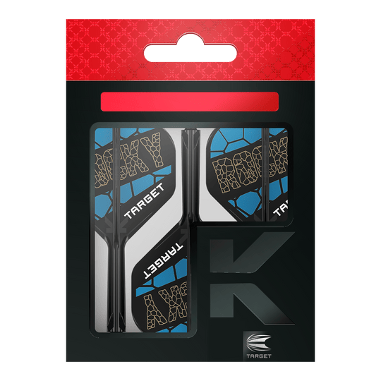 Target K-Flex Josh Rock No2 Standard Flight Shaft System Das Bild zeigt das Produkt "Target K-Flex Josh Rock No2 Standard Flight-Shaft-System" in seiner Verpackung. Die Flights sind schwarz, blau und weiß gestaltet und tragen den Schriftzug "ROCKY" sowie "TARGET".