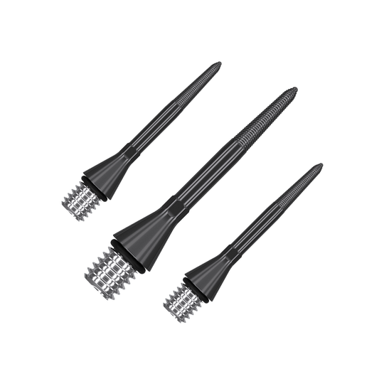 380160_Target_Titanium_Swiss_Point_Nano_Conversion_Points_Schwarz_26mm_1 Dartspitzen-Set mit glatter, metallischer Oberfläche. Die Spitzen liegen symmetrisch nebeneinander.