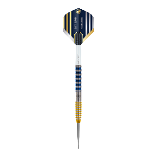 Winmau Daryl Gurney SC 1.0 Series Steeldarts - 23g Dies ist ein Winmau Daryl Gurney SC 1.0 Series Steeldart mit einem Gewicht von 23g. Der Dart hat ein auffälliges Design mit blauen, goldenen und silbernen Akzenten.