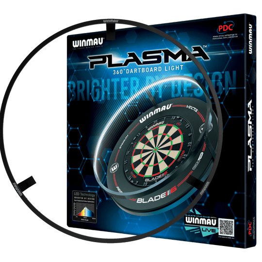 Das Bild zeigt das Produkt "Winmau Plasma LED Beleuchtung und Surround Bundle" in seiner Verpackung. Es enthält eine LED-Beleuchtung für ein Dartboard sowie einen Schutzring.