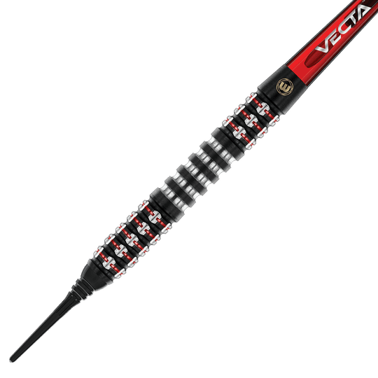 2460_Winmau_Joe_Cullen_Ignition_Series_Softdarts_2 Das Bild zeigt einen Winmau Joe Cullen Ignition Series Softdart mit einem Gewicht von 20g. Der Dart hat ein markantes Ringgrip-Design in Schwarz, Silber und roten Akzenten.