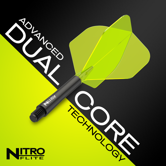 Red Dragon Nitroflite - Black Shaft Yellow No2 Flights Das Bild zeigt das Produkt "Red Dragon Nitroflite" mit schwarzem Schaft und gelben Flights. Auf dem Bild steht "Advanced Dual Core Technology" und "Nitroflite" als Markenname.