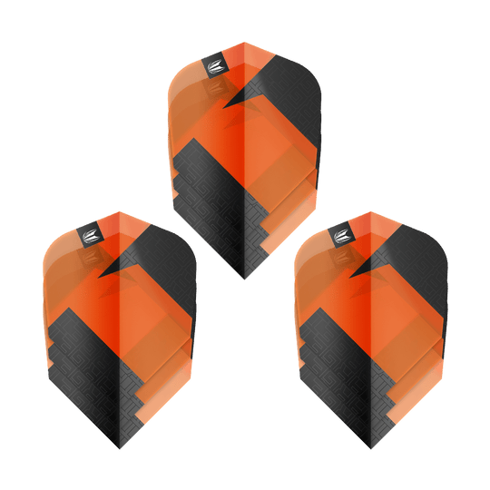 Target Pro Ultra TAG Orange Ten-X Standard Flights - 3 sets Das Bild zeigt drei Sets von Target Pro Ultra TAG Orange Ten-X Standard Flights. Die Flights sind orange und schwarz gestaltet und haben ein modernes, geometrisches Muster.