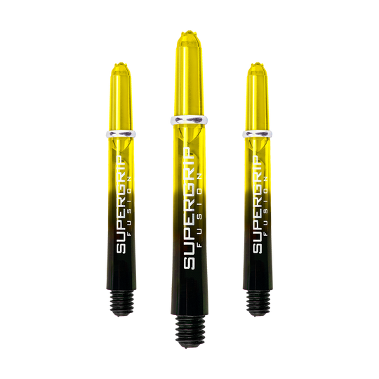 Das Bild zeigt drei gelb-schwarze Dartschäfte mit der Aufschrift "Supergrip Fusion". Die Schäfte sind das Produkt "Harrows Supergrip Fusion Shafts - Gelb".
