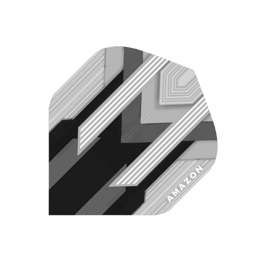 A37-Amazon-Flights-No2-Black Das Bild zeigt das Produkt "Amazon Silver No.2 Black Flights". Es ist ein schwarzer Dartflug mit silbernen und grauen Streifen sowie dem Schriftzug "AMAZON" in einer Ecke.