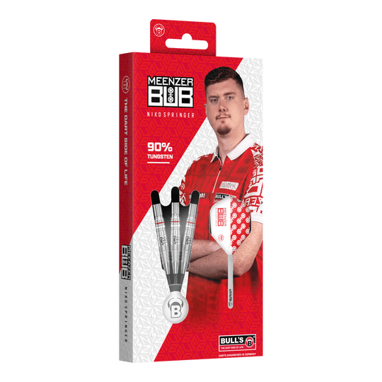 Bulls Niko Springer steel darts Die Verpackung zeigt die Bulls Niko Springer Steeldarts mit 90% Tungsten. Auf der Vorderseite ist ein Bild von Niko Springer in rotem Trikot zu sehen.