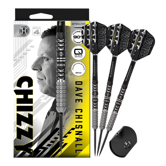 Abgebildet sind die Harrows Dave Chisnall Chizzy Series 4 Quick Point Steeldarts in der Vollansicht. Diese Steeldarts bieten hohe Qualität und ein ansprechendes Design.