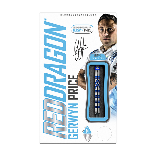 RD1922-Red-Dragon-Gerwyn-Price-Iceman-Softdarts-3 Das Bild zeigt die Verpackung der "Red Dragon Gerwyn Price Iceman Softdarts". Auf der Verpackung ist ein Dartpfeil sowie das Bild eines Spielers abgebildet.