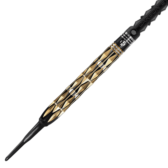 HA33454_Harrows_Imperial_Diamond_Softdarts_2 Dieser Softdartpfeil hat ein auffälliges, gold-schwarz gemustertes Barrel. Die Spitze ist aus Kunststoff und das Griffstück verfügt über eine strukturierte Oberfläche für besseren Halt.