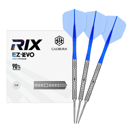Caliburn Rix EZ-EVO R1 steel darts Das Bild zeigt das vollständige Set der Caliburn Rix EZ-EVO R1 Steeldarts. Es handelt sich um professionelle Steeldarts für ambitionierte Spieler.