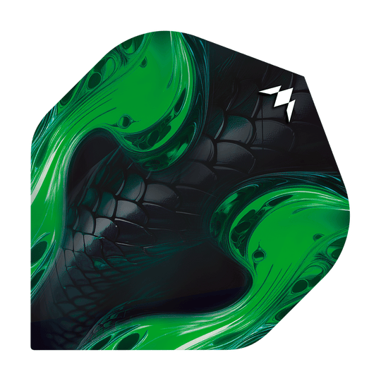 Mission Solo Venom No2 Standard Flights Das Bild zeigt ein Dartflight mit schwarzem, schuppigem Muster und leuchtend grünen Akzenten. In der oberen rechten Ecke befindet sich ein weißes Logo.