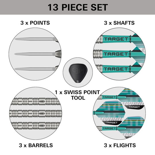 Target Hydro 02 Swiss Point steel darts Das Bild zeigt eine Ausführung der Target Hydro 02 Swiss Point Steeldarts. Die Darts sind schlank und für professionelles Spielen geeignet.