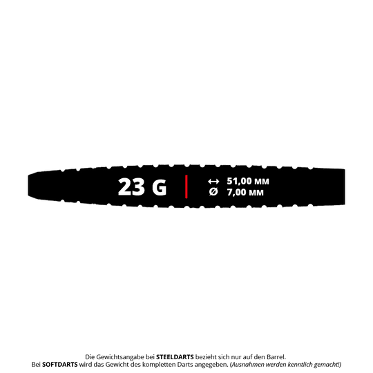 Das Bild zeigt einen Dart-Barrel mit den Angaben 23 Gramm Gewicht, 51,00 mm Länge und 7,00 mm Durchmesser. Unten steht eine Information, dass sich das Gewicht bei Steeldarts nur auf den Barrel bezieht.