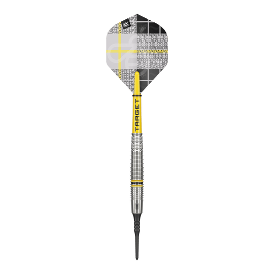 Target Scott Williams GEN2 soft darts - 18g Das Bild zeigt einen Target Scott Williams GEN2 Softdart mit einem Gewicht von 18g. Der Dart hat gelbe Akzente und ein modernes, silberfarbenes Barrel-Design.