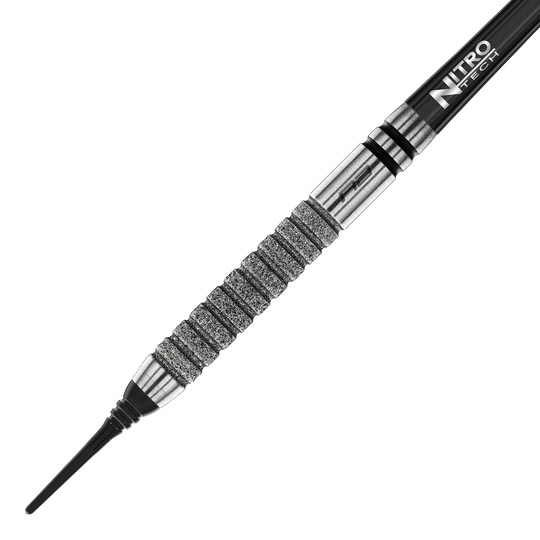 Red Dragon Gian Van Veen Tour Edition Softdarts - 20g Das Bild zeigt einen Red Dragon Gian Van Veen Tour Edition Softdart mit einem Gewicht von 20g. Der Dartpfeil hat eine silberne, stark gerillte Griffzone und einen schwarzen Schaft mit der Aufschrift "Nitro Tech".