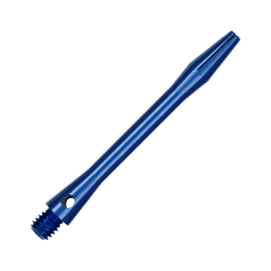 514_Aluminium_Shafts_Blau_46mm_2 Das Bild zeigt einen blauen Aluminiumschaft mit einem Gewinde an einem Ende. Der Schaft ist schmal und hat eine glänzende, metallische Oberfläche.