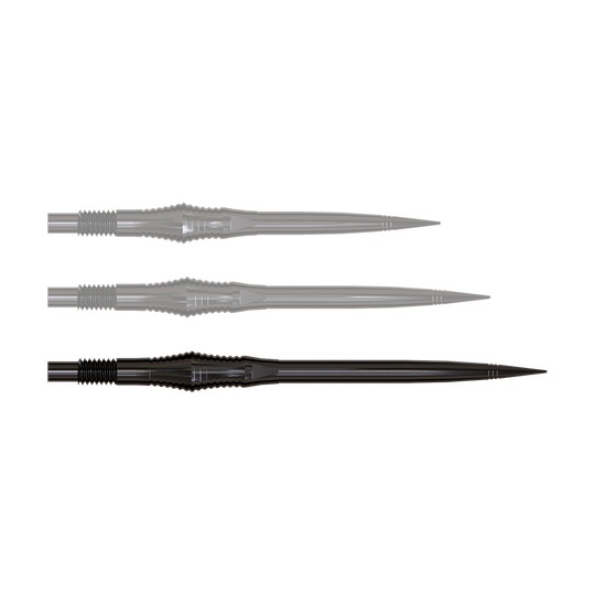 Harrows Quick Point Spire Elite Series Dartspitzen - Schwarz Dartspitzen der Spire Black Elite Serie in 40mm Länge werden gezeigt. Sie sind dunkel und lang.