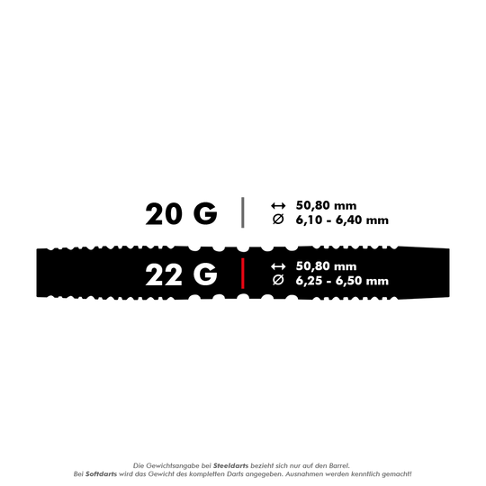 Das Bild zeigt die Produkteigenschaften der Winmau Joe Cullen Softdarts. Die Darts wiegen 22 Gramm und haben eine Länge von 50,80 mm sowie einen Durchmesser von 6,25 bis 6,50 mm.