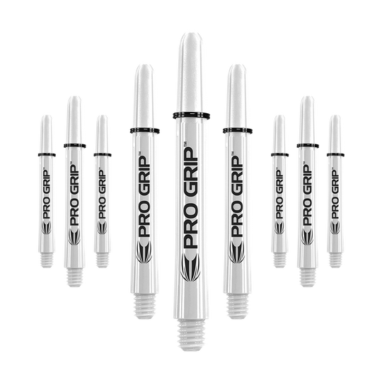 Target Pro Grip Shafts - 3 Sets - White Das Bild zeigt mehrere weiße Dartschäfte mit der Aufschrift "PRO GRIP". Sie sind in drei Reihen angeordnet und haben schwarze Ringe an der Oberseite.