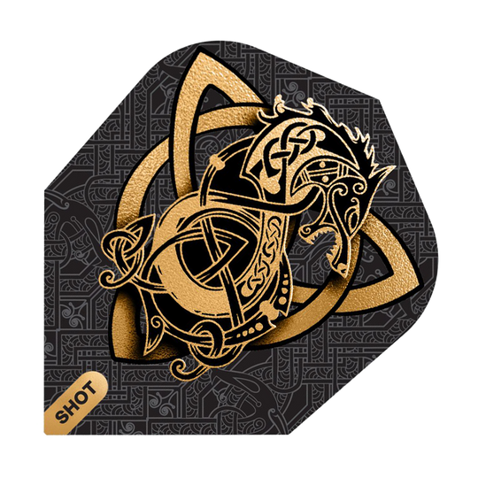 Shot Viking Wolf No. 6 Flights Das Bild zeigt das Produkt "Shot Viking Wolf No6 Flights" mit einem goldenen Wikinger-Wolf Design auf schwarzem Hintergrund. Im Hintergrund sind feine, keltische Muster zu sehen und unten links steht das Wort "SHOT".