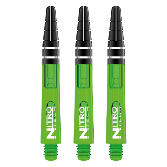 C445_Nitrotech_Short_Green_V RedDragon Nitrotech Shafts Green dargestellt im oberen Bereich. Sie bestehen aus mehreren glatten Segmenten.