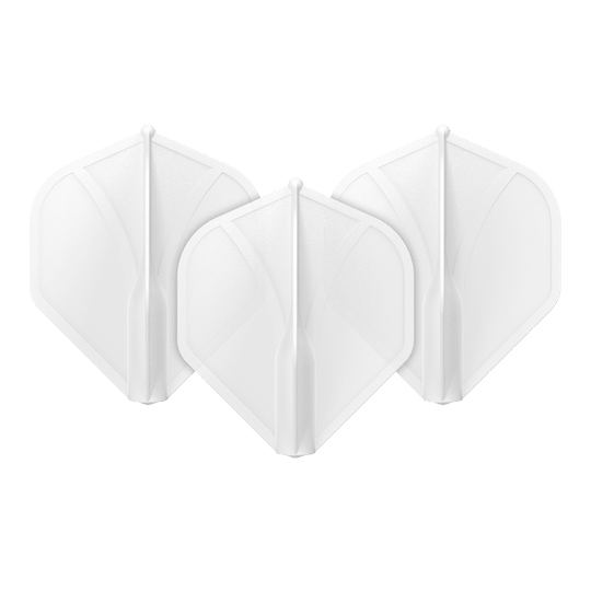 Shot Airfoil Molded No2 Standard Flights Auf dem Bild sind drei klare, weiße Dart-Flights zu sehen. Sie sind nebeneinander aufgestellt und haben eine klassische, rautenähnliche Form.