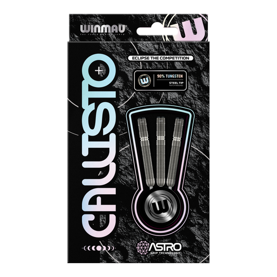 Winmau Callisto 01 Steeldarts Das Bild zeigt eine Verpackung der "Winmau Callisto 01 Steeldarts". In der Mitte sind drei Darts mit Stahlspitze und 90% Tungsten-Anteil sichtbar.