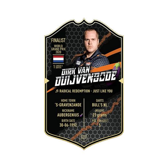 UDC-23_Ultimate_Darts_Card_Standard_Dirk_Van_Duijvenbode_1 Auf der Abbildung ist die Ultimate Darts Card von Dirk Van Duijvenbode zu sehen. Die Karte zeigt ein Porträt des Spielers sowie wichtige Informationen wie seinen Spitznamen, seine Herkunft und seine Erfolge.
